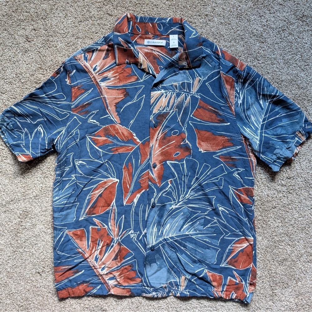 Cubavera Mens L Short Sleeve Button Down Palm Leaf Beach Coastal Summer Tropical